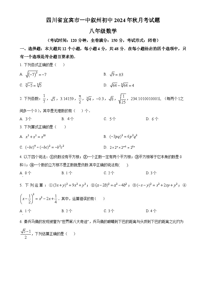 四川省宜宾市一中叙州区实验初级中学校2024—2025学年上学期八年级 数学月考试题 （原卷版）-A4第1页