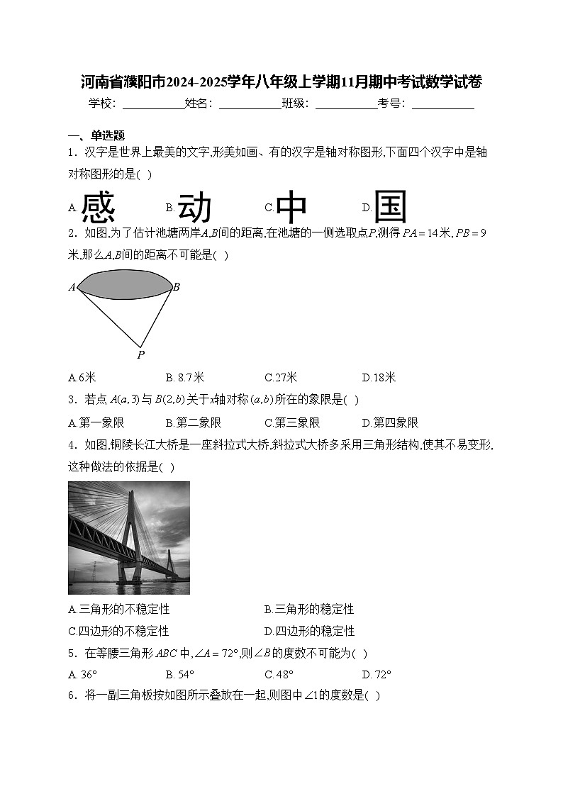 河南省濮阳市2024-2025学年八年级上学期11月期中考试数学试卷(含答案)第1页