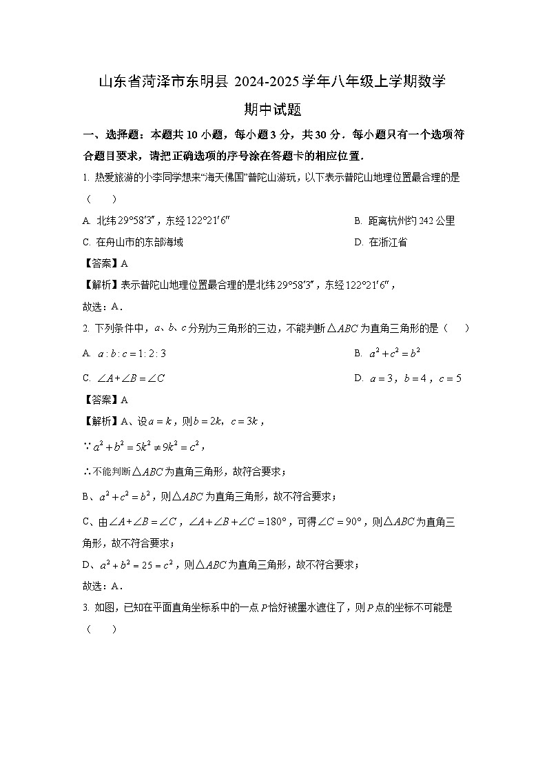 2024~2025学年山东省菏泽市东明县八年级(上)期中数学试卷(解析版)第1页