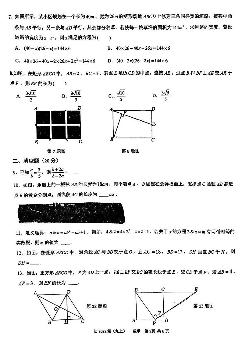 2024-2025成都师大一中九上数学第一次月考试卷（无答案）第2页