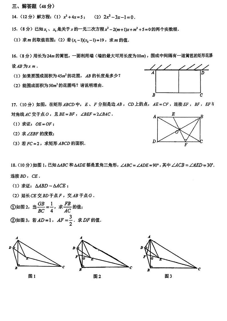 2024-2025成都师大一中九上数学第一次月考试卷（无答案）第3页