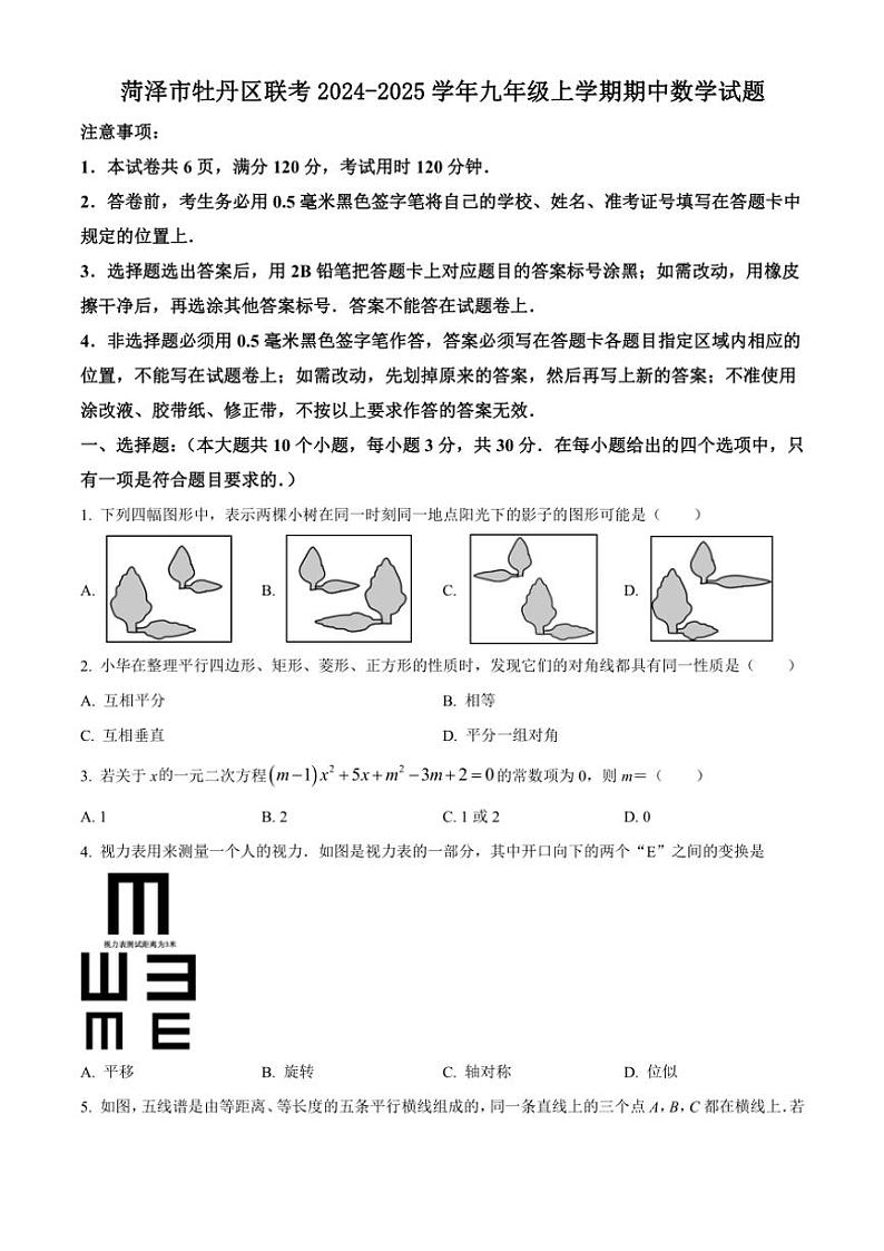 2024～2025学年山东省菏泽市牡丹区联考九年级(上)期中数学试卷(含简单答案)第1页
