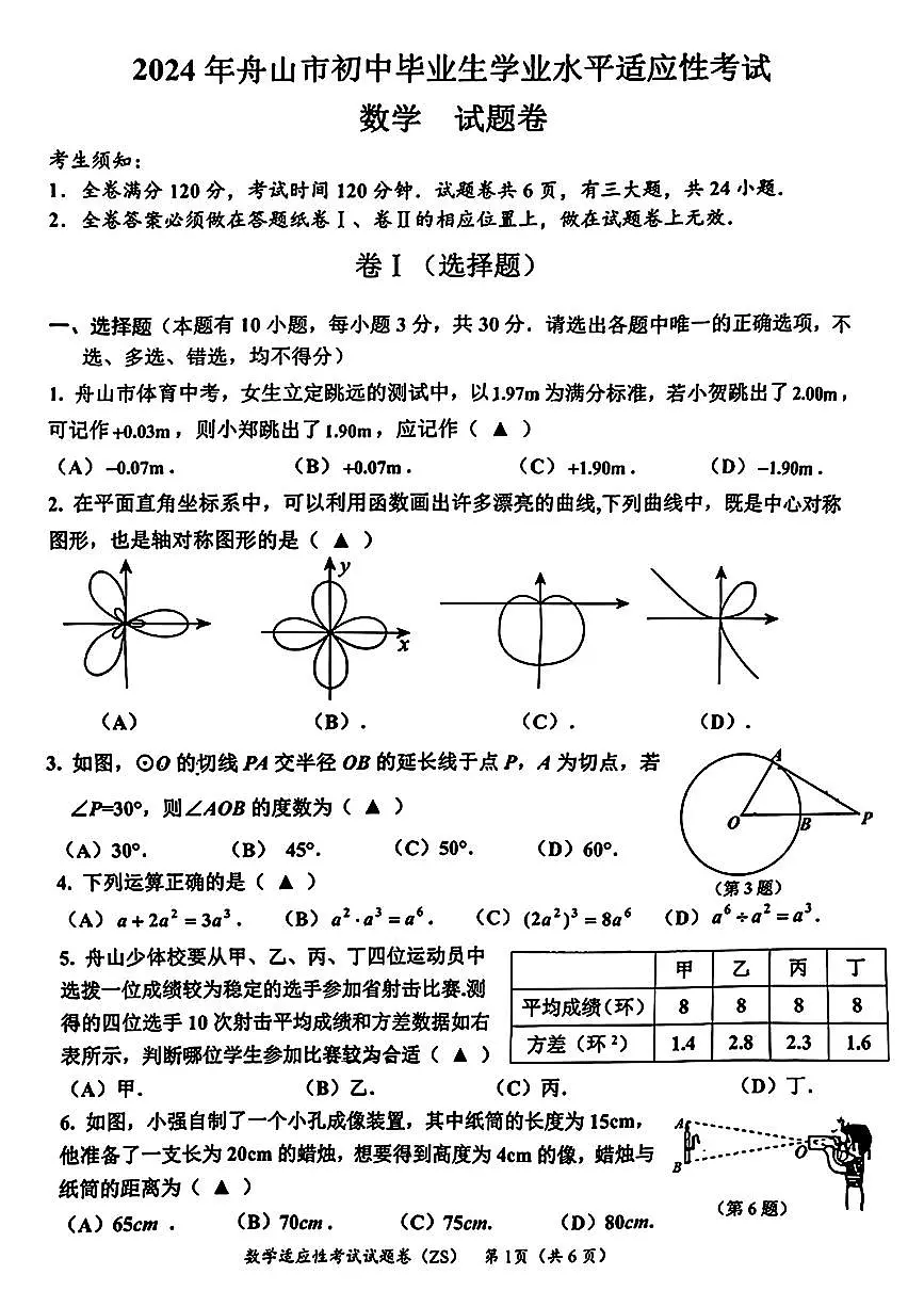 2024年浙江省舟山市中考一模考试数学试题第1页