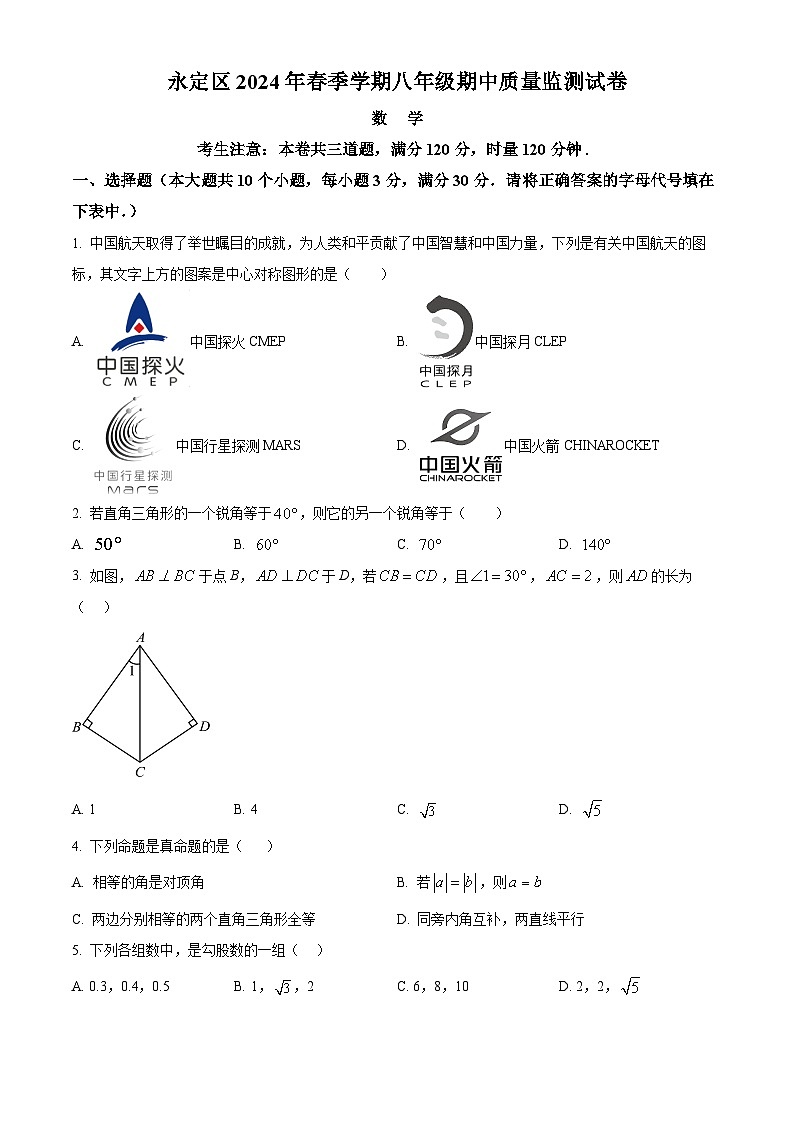 湖南省张家界市永定区2023-2024学年八年级下学期期中数学试题（原卷版）第1页