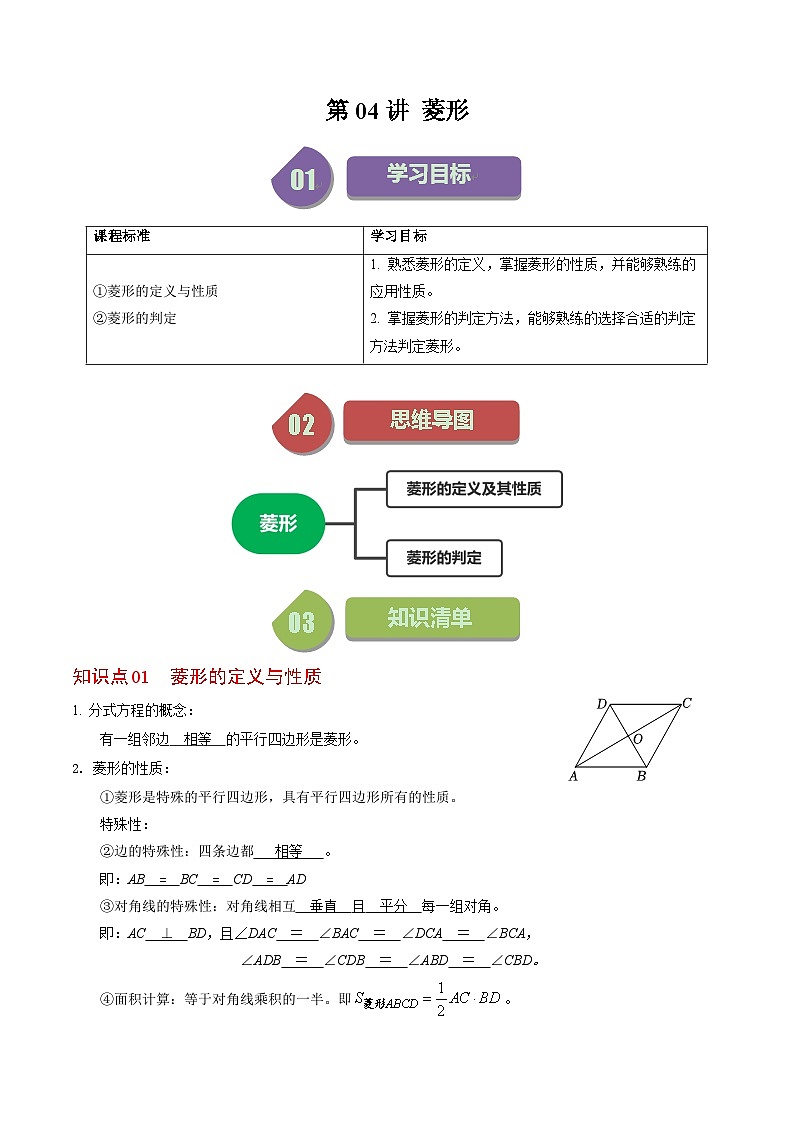 人教版数学八下同步讲练第18章第04讲 菱形（2个知识点+5类热点题型讲练+习题巩固）（解析版）第1页