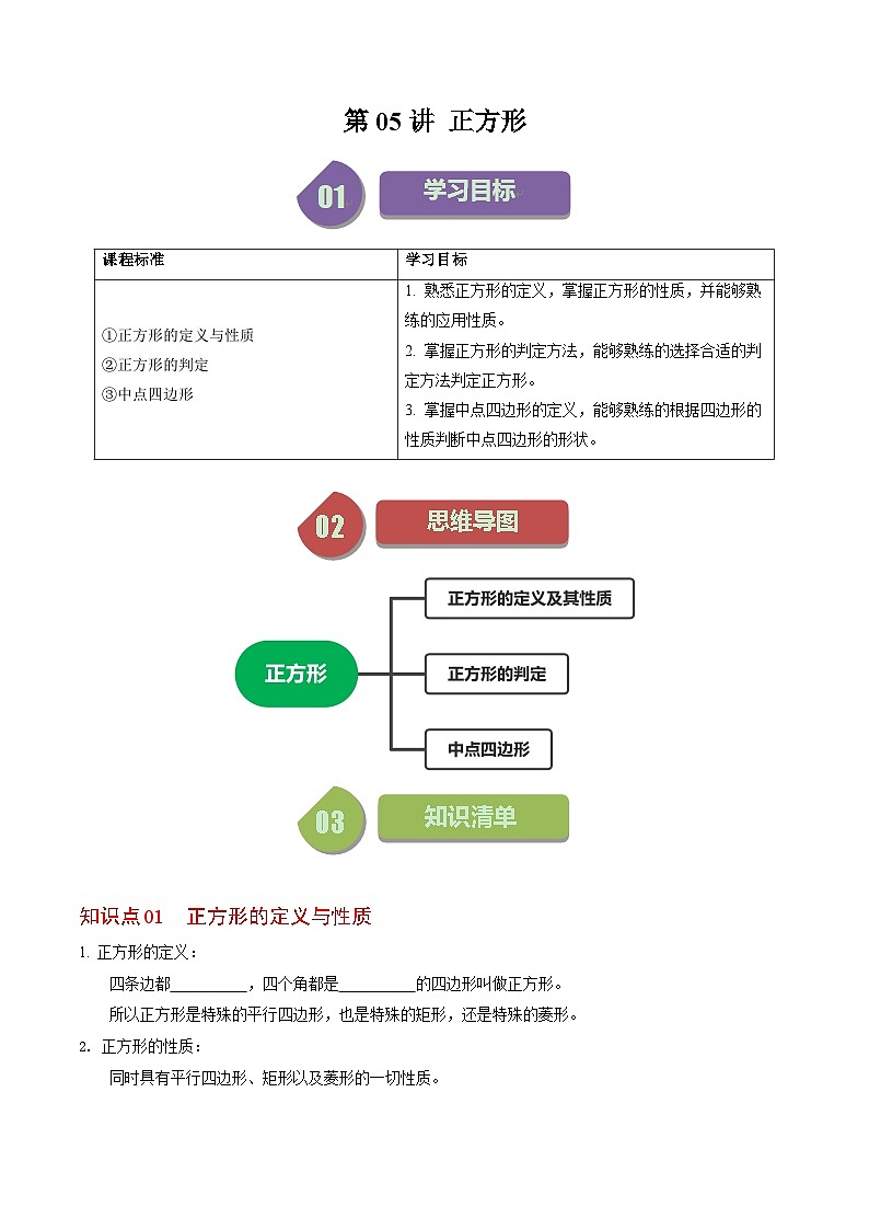 人教版数学八下同步讲练第18章第05讲 正方形（3个知识点+5类热点题型讲练+习题巩固）（原卷版）第1页