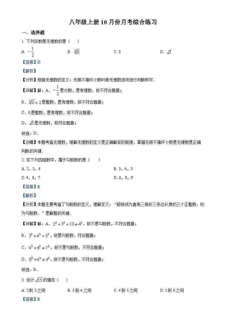 北师大版2024-2025学年八年级数学上册月考综合练习（解析版）-A4第1页