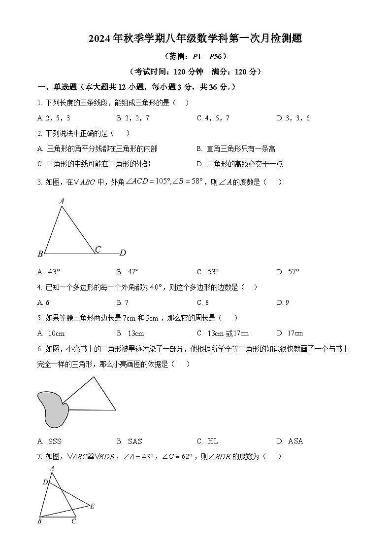 广西防城港市防城区第三中学2024—2025学年上学期10月份月考 八年级数学试题（原卷版）-A4第1页