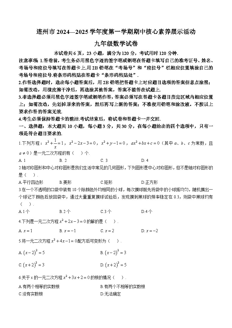 广东省清远市连州市2024-2025学年上学期期中考试九年级数学试卷第1页