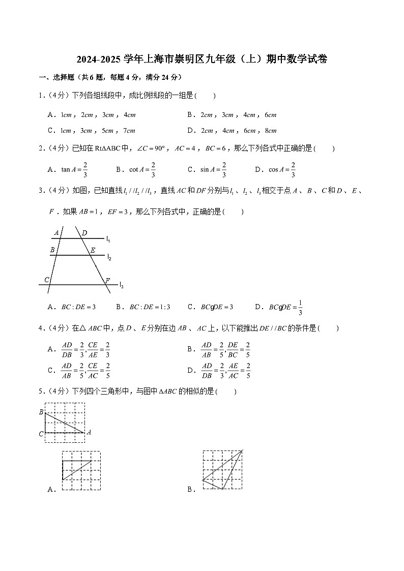 2024-2025学年上海市崇明区九年级（上）期中数学试卷（含解析）第1页