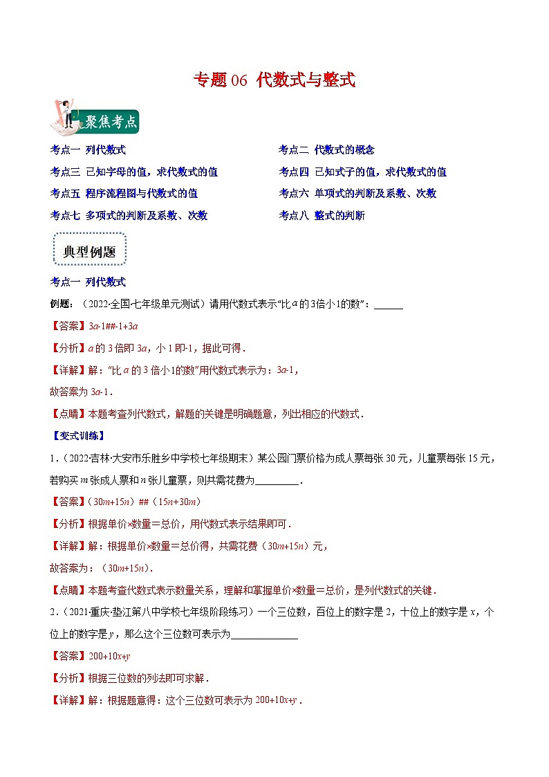 北师大版数学七上重难点培优训练专题06 代数式与整式(解析版) 第1页