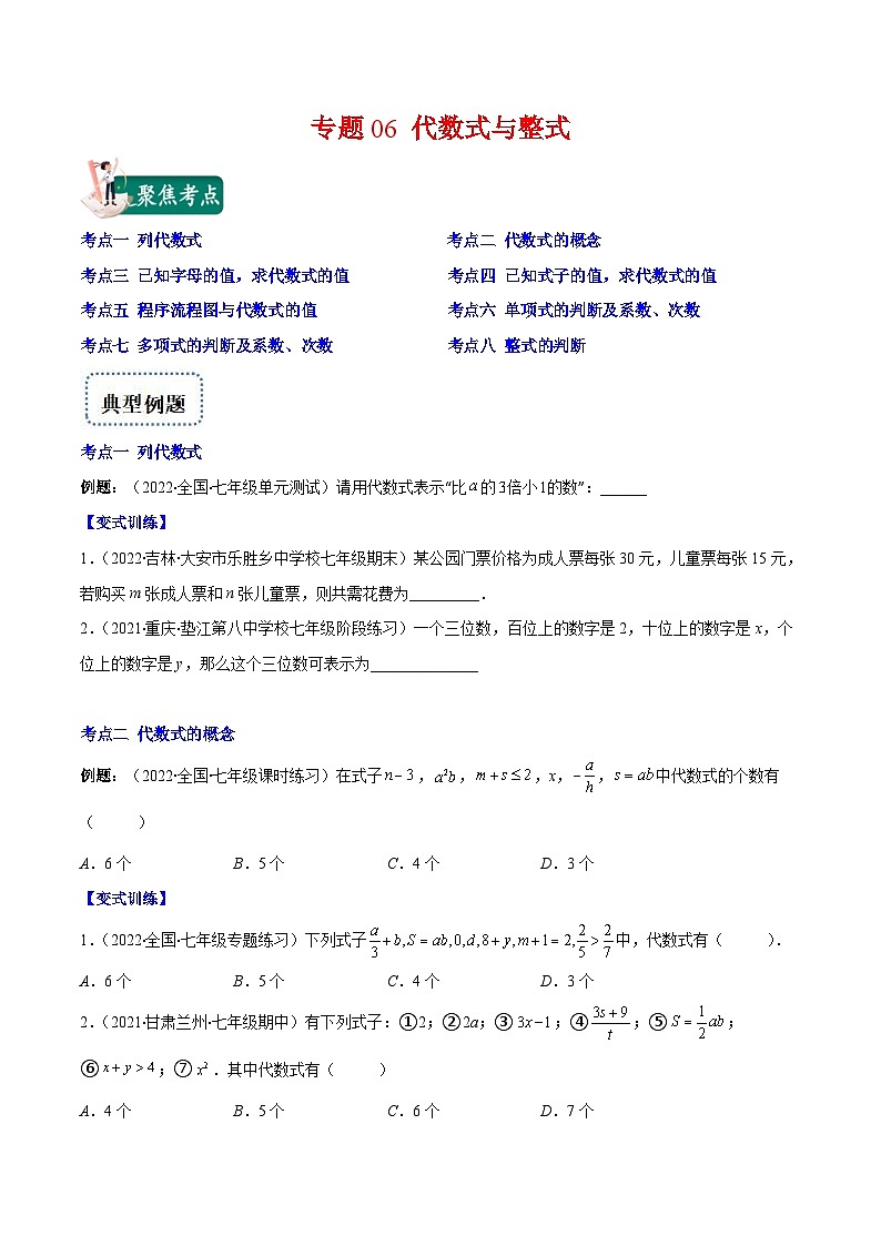 北师大版数学七上重难点培优训练专题06 代数式与整式(原卷版) 第1页