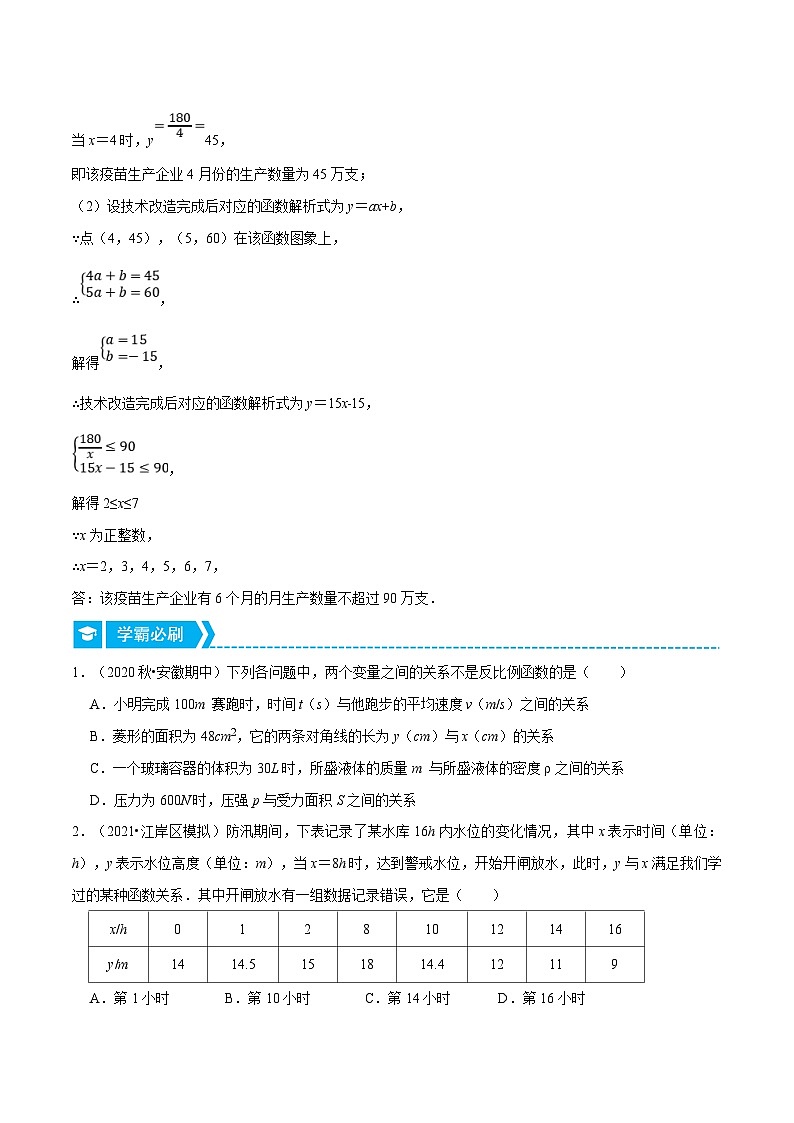 浙教版数学八年级下册重难点提升训练专题6.2 反比例函数的应用（原卷版）第2页