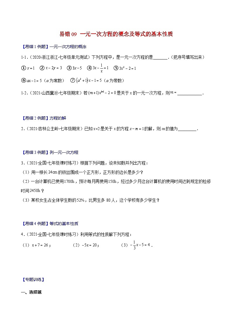 人教版数学七上期末易错题提升练习易错09 一元一次方程的概念与等式的基本性质（原卷版）第1页