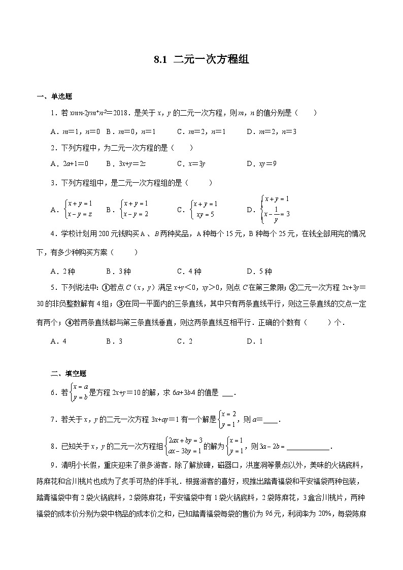 人教版数学七年级下册同步课时练习8.1 二元一次方程组（原卷版）第1页
