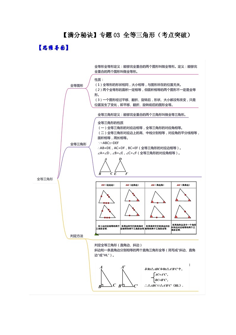 人教版数学八年级上册期末提升练习专题03 全等三角形（考点突破）（原卷版）第1页