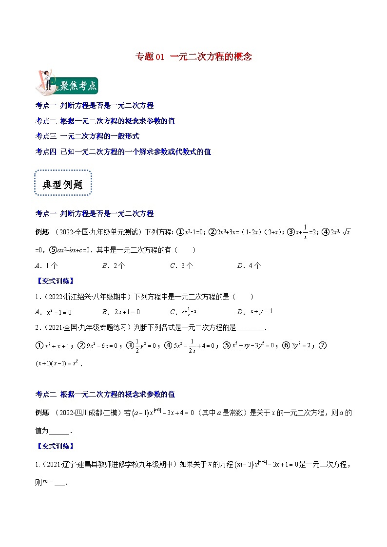 人教版数学九年级上册重难点培优训练专题01 一元二次方程的概念（原卷版） 第1页