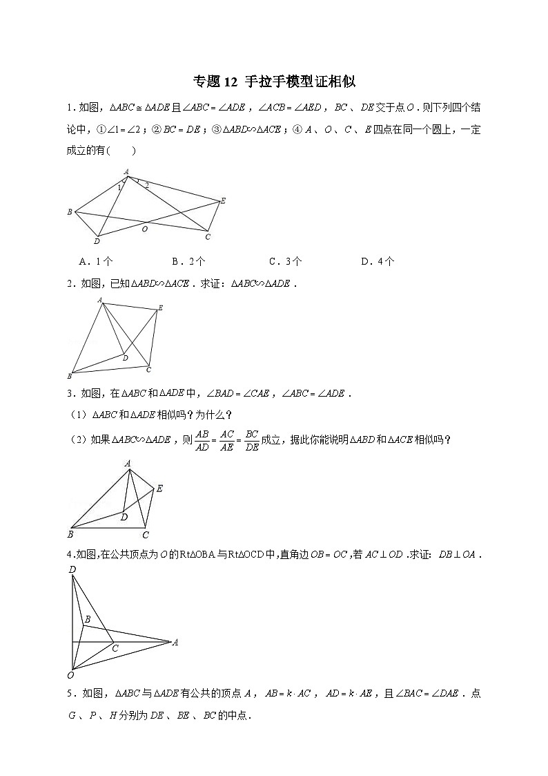 人教版数学九年级下册考点提分练习专题12 手拉手模型证相似（原卷版） 第1页