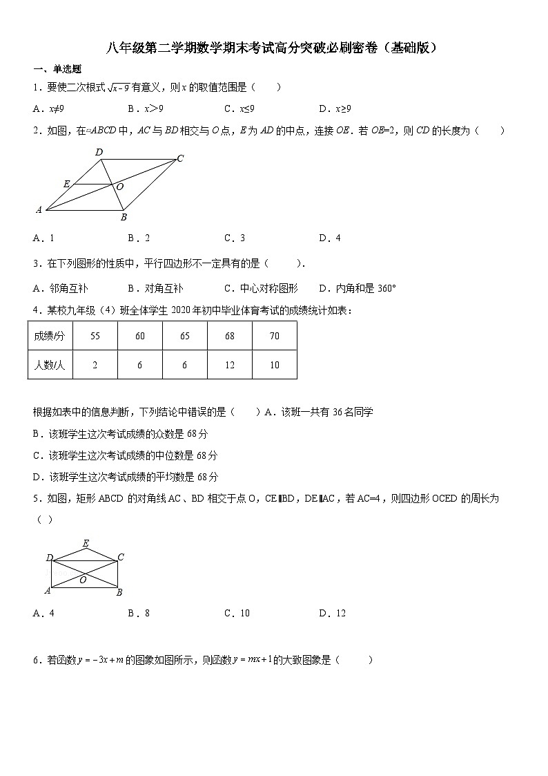 人教版数学八年级下册第二学期数学期末考试高分突破卷（基础版）（考试版）第1页