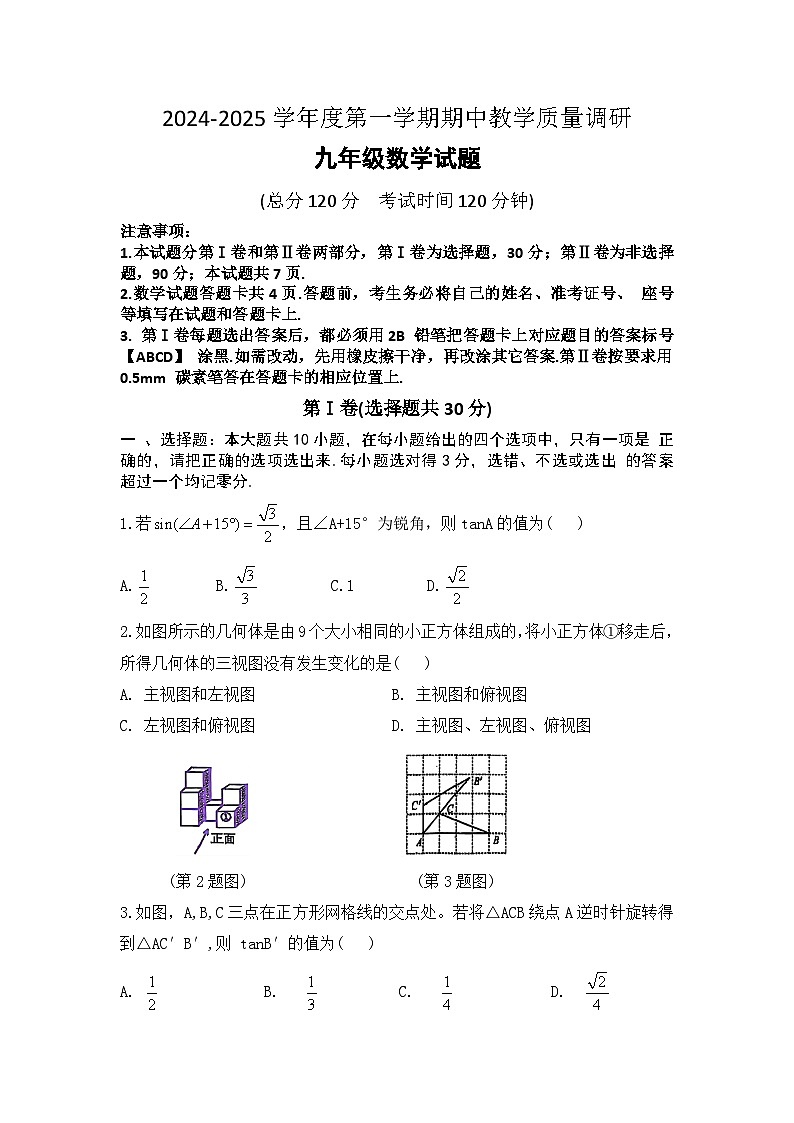 山东省东营市利津县2024-2025学年九年级上学期期中考试数学试题第1页