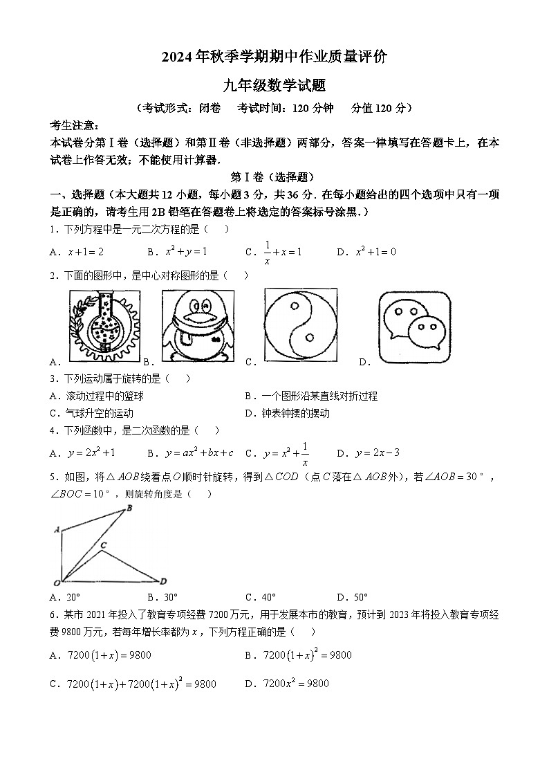 广西南宁市隆安县雁江镇初级中学2024—2025学年上学期九年级期中考试数学试题(无答案)第1页