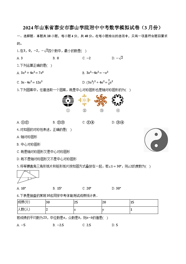 2024年山东省泰安市泰山学院附中中考数学模拟试卷（3月份）（含解析）第1页