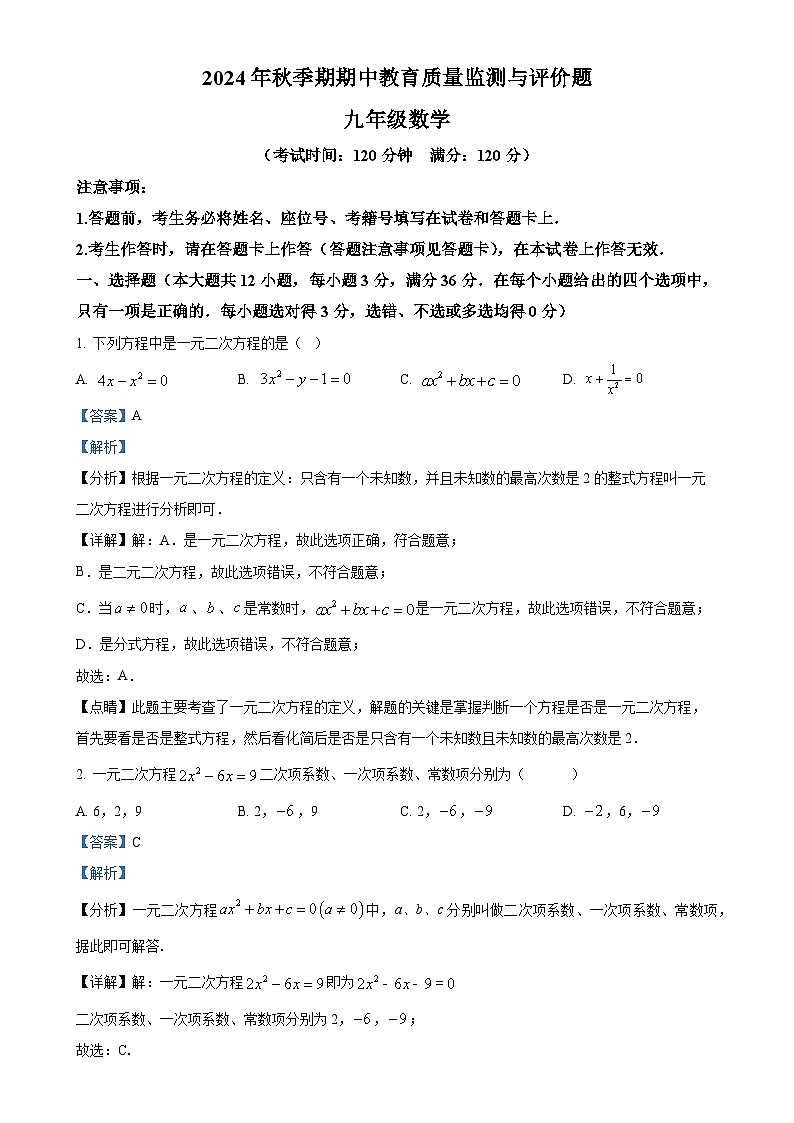 广西壮族自治区玉林市2024-2025学年九年级上学期11月期中数学试题（解析版）-A4第1页