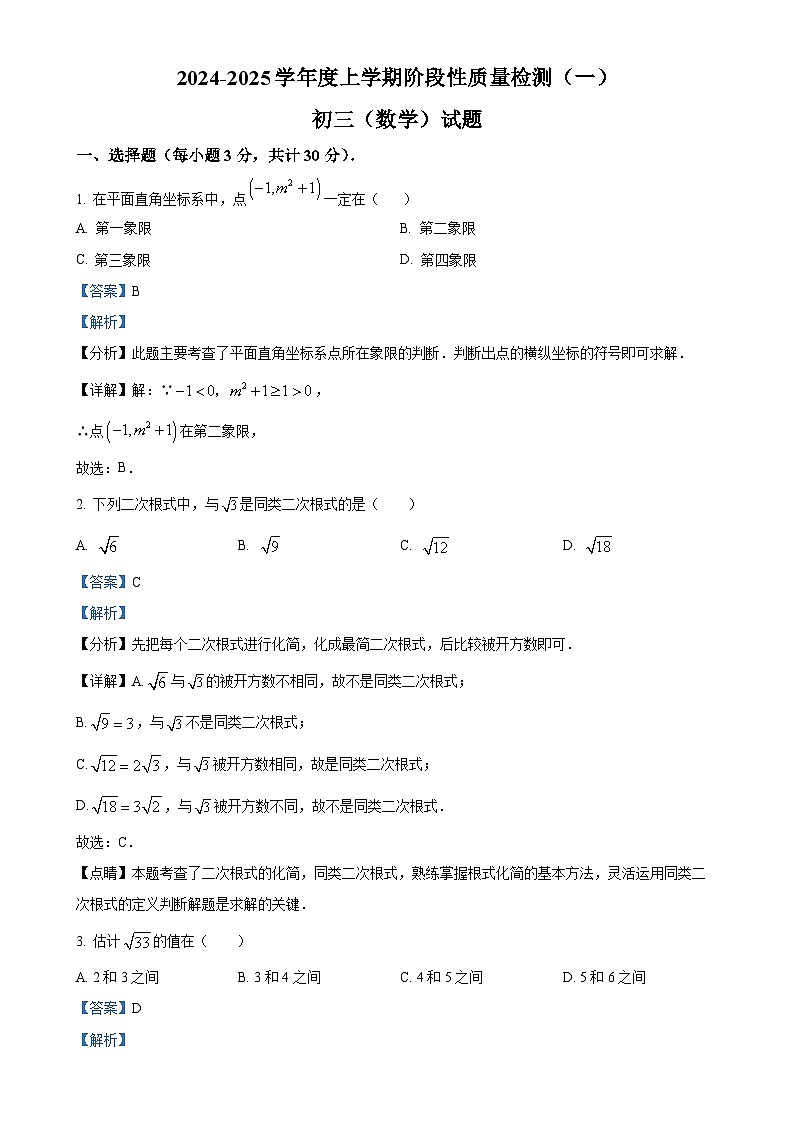 黑龙江省大庆市肇源县四校联考2024-2025学年八年级上学期10月月考数学试题（解析版）-A4第1页