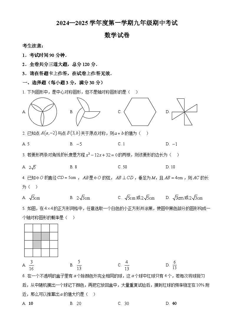 黑龙江省牡丹江市2024~2025学年上学期九年级期中考试数学试卷（原卷版）-A4第1页