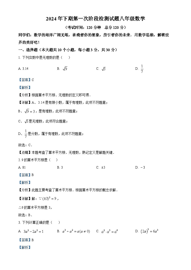 湖南省衡阳市第八中学教育集团2024-2025学年八年级上学期第一次月考数学试题（解析版）-A4第1页