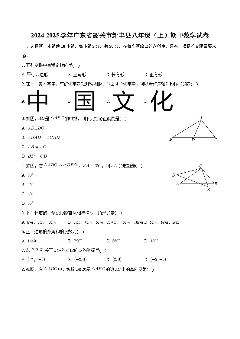 广东省韶关市新丰县2024-2025学年八年级上学期期中数学试卷第1页