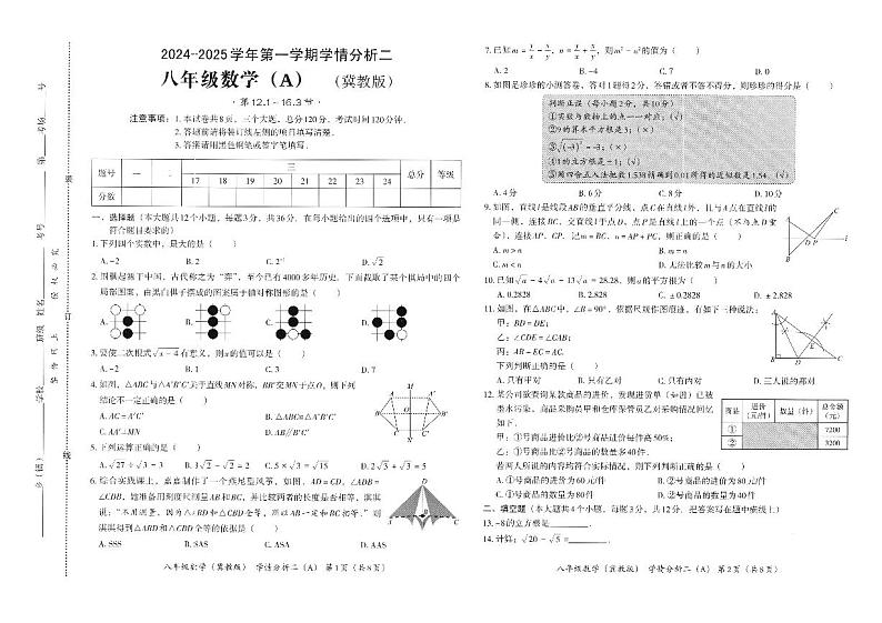河北省承德市承德县学情分析2024-2025学年八年级上学期12月月考数学试题第1页