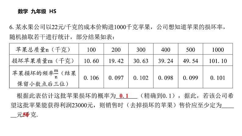 第25章 随机事件的概率 数学华东师大版九年级上册课后习题精讲课件 复习巩固第8页