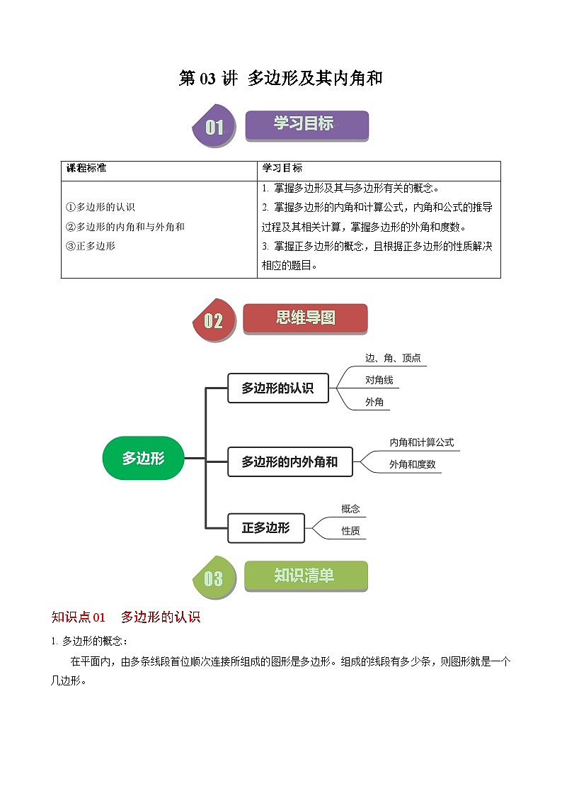 人教版数学八年级上册同步讲练第11章第03讲 多边形及其内角和（原卷版）第1页