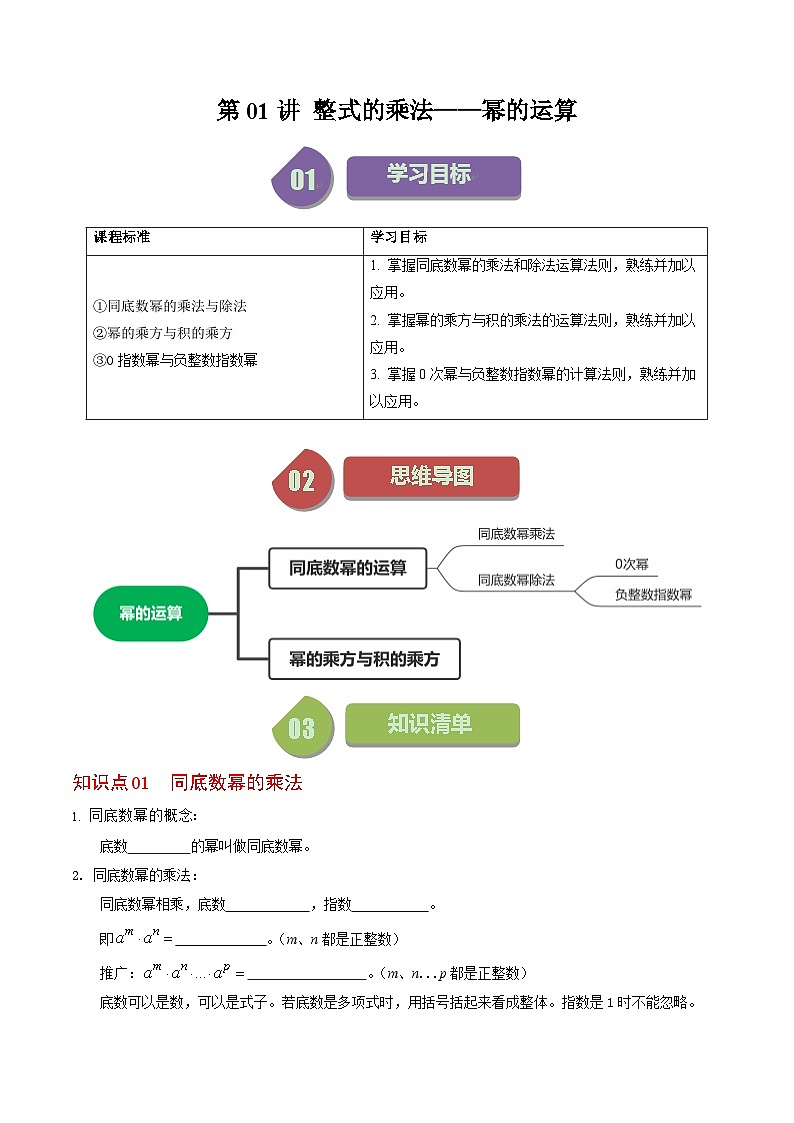 人教版数学八年级上册同步讲练第14章第01讲 整式的乘除-幂的运算（原卷版）第1页