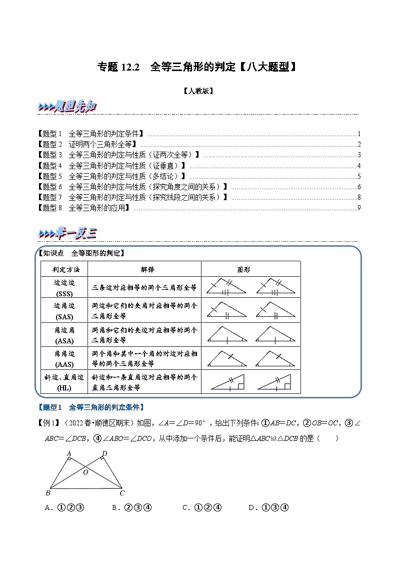 人教版数学八上同步提升训练专题12.2 全等三角形的判定【八大题型】（原卷版）第1页
