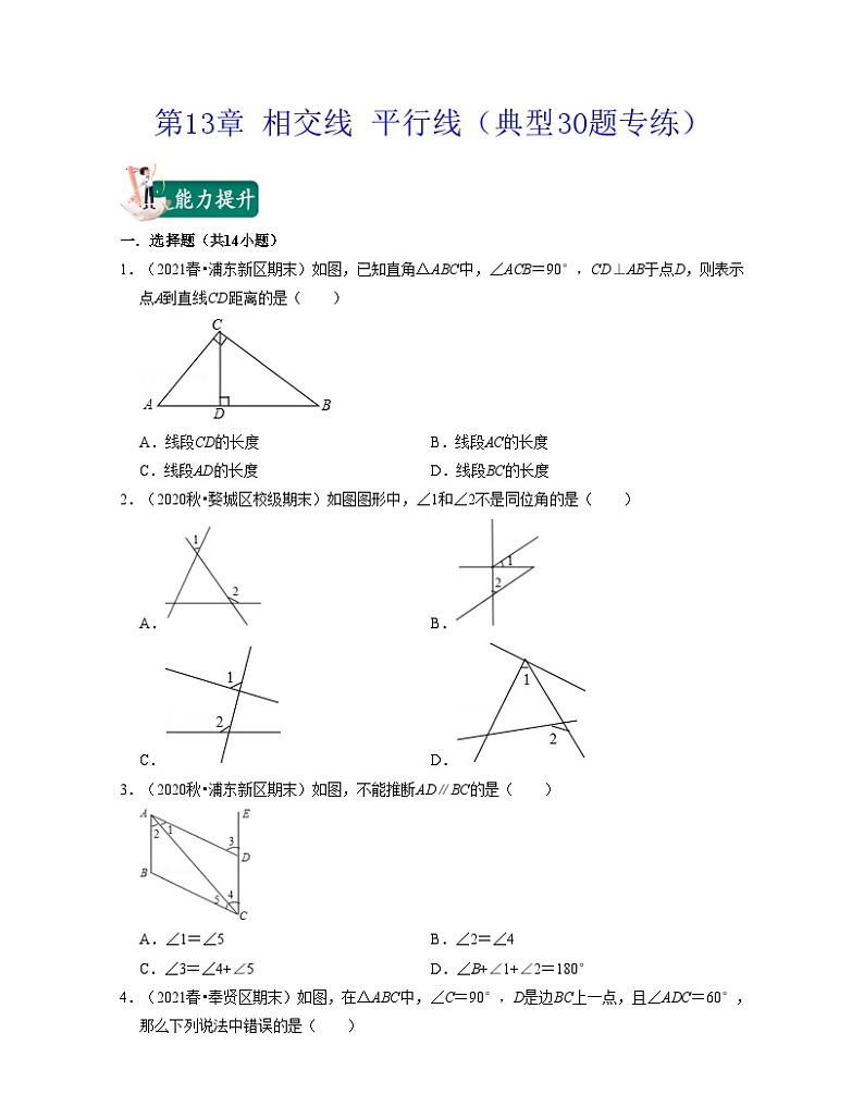 沪教版数学七年级下册同步讲练第13章 相交线 平行线（典型30题专练）（原卷版）第1页