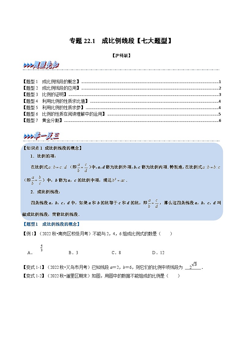 沪科版数学九上同步讲与练专题22.1 成比例线段【七大题型】（原卷版）第1页