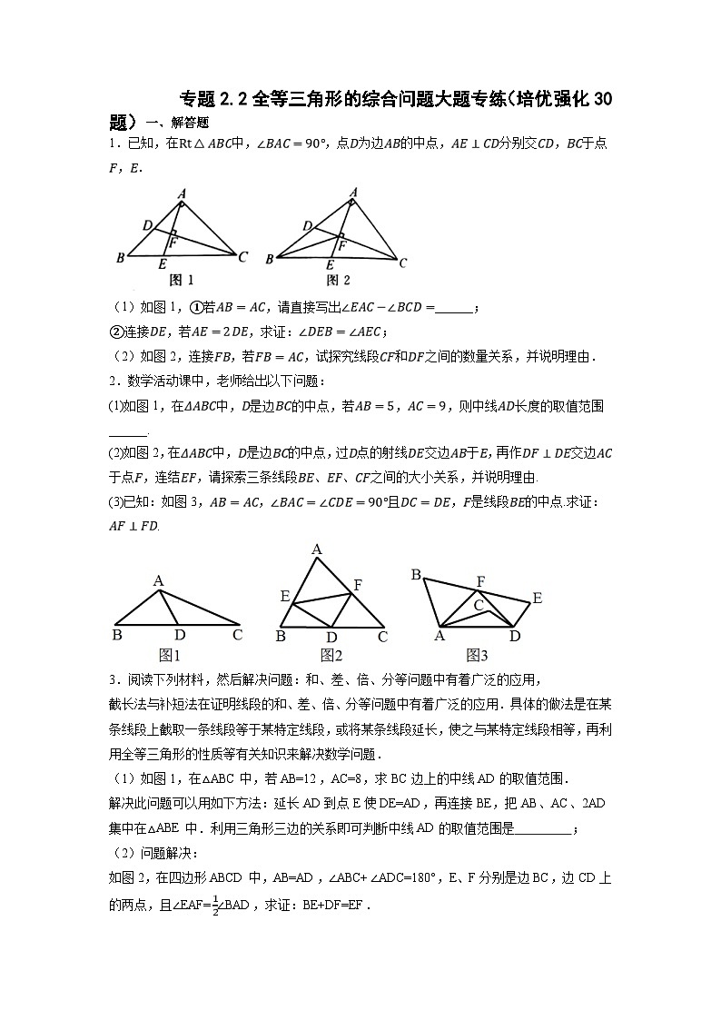 浙教版数学八上期末培优训练专题2.2全等三角形的综合问题大题专练（培优强化30题）（原卷版）第1页