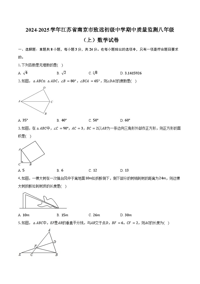 2024-2025学年江苏省南京市致远初级中学期中质量监测八年级（上）数学试卷（含答案）第1页
