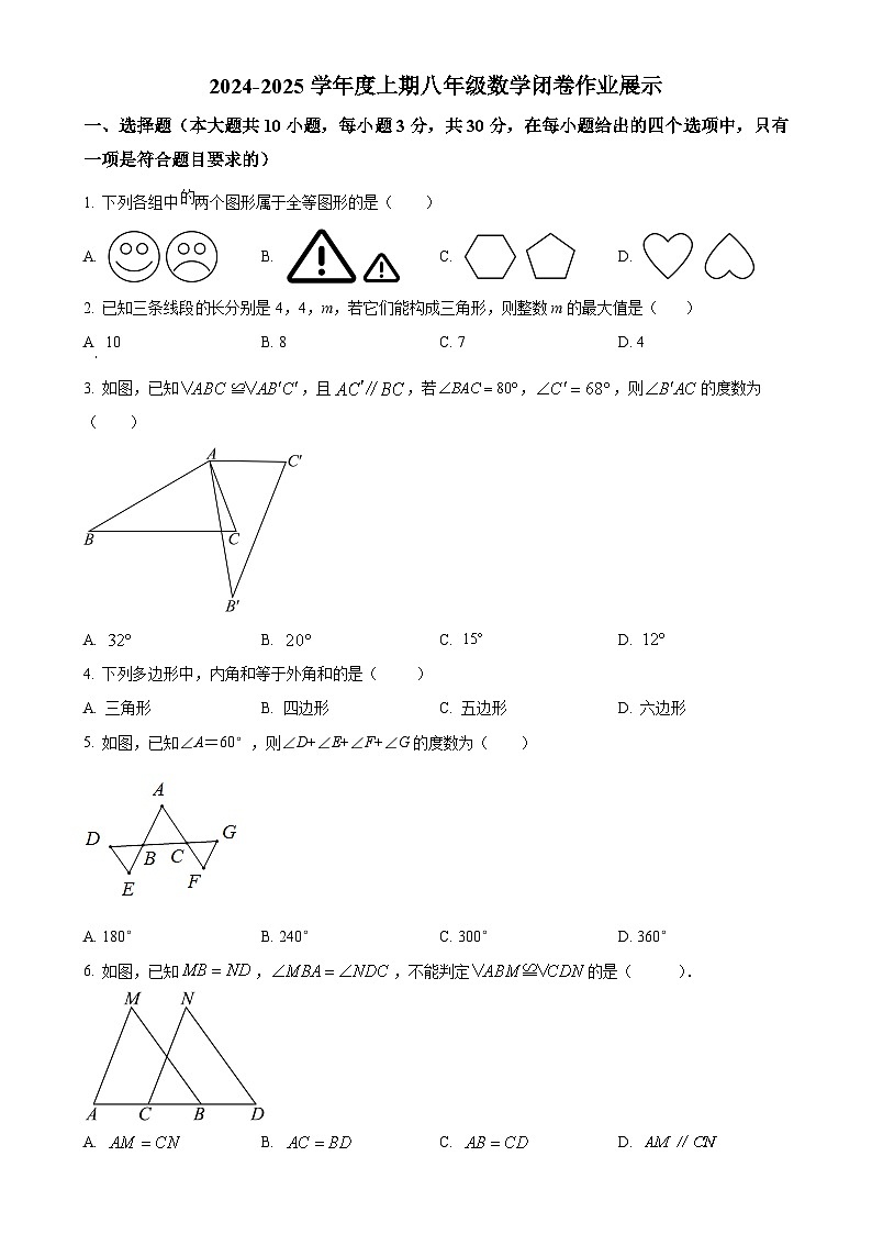 河南省漯河市郾城区第二初级实验中学2024-2025学年八年级上学期10月月考数学试题（原卷版）-A4第1页