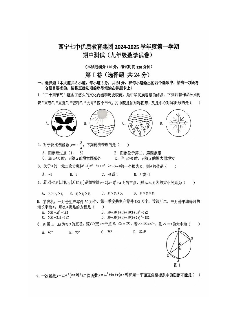青海省西宁七中优质教育集团2024-2025学年九年级上学期期中测试数学试卷第1页