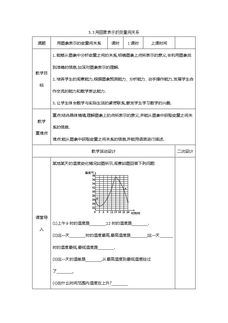 3.3用图象表示的变量间关系教案2023-2024学年度北师大版数学七年级下册第1页