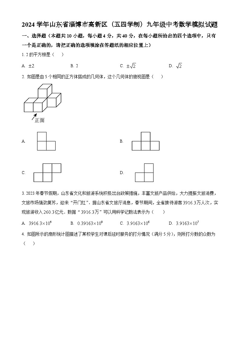 2024学年山东省淄博市高新区（五四学制）九年级中考数学模拟试题第1页