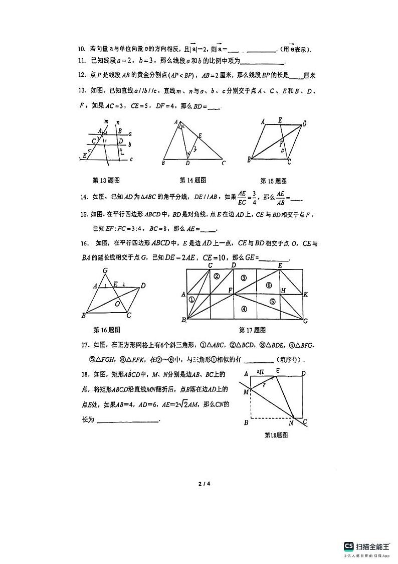 上海市嘉定区2024-2025学年九年级上学期数学期中试卷第2页