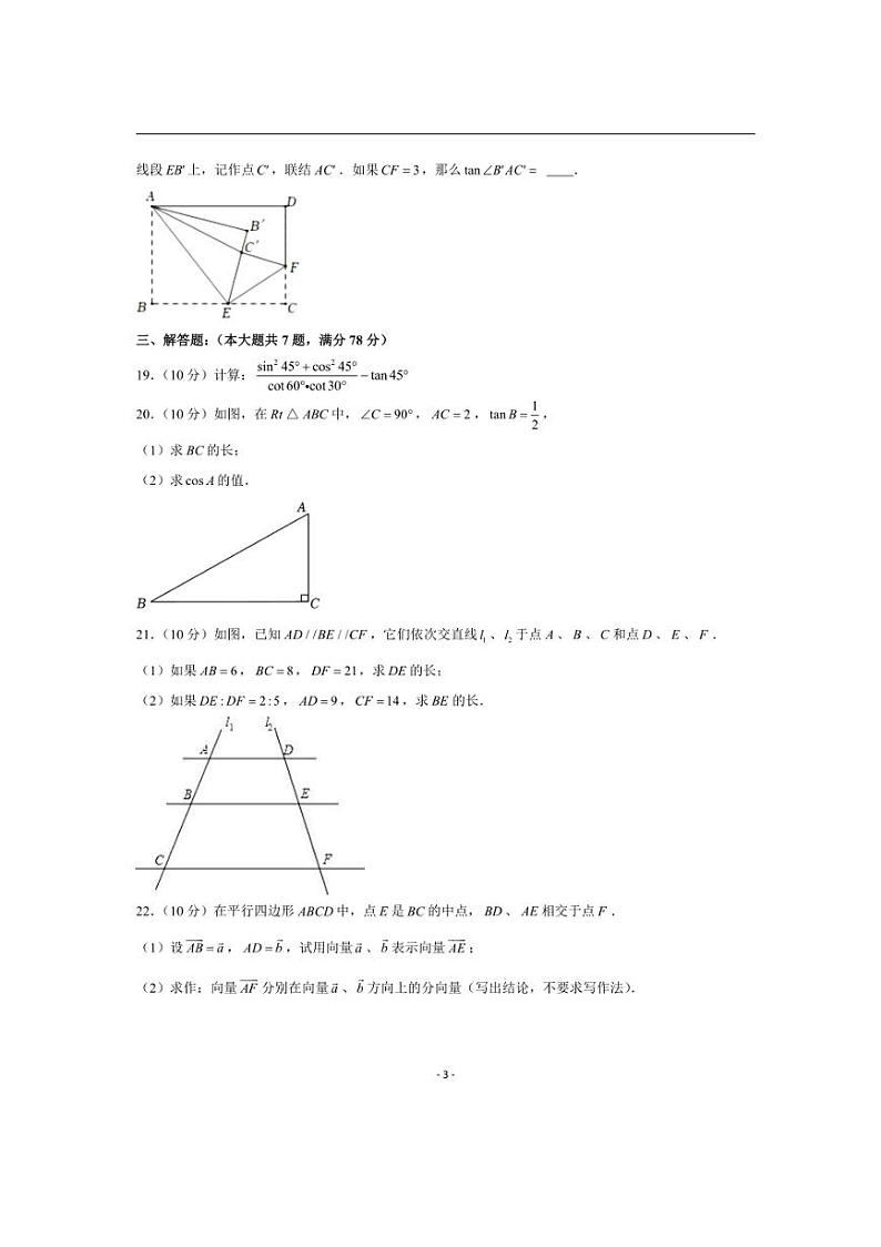 2024～2025学年上海市崇明区九年级(上)期中数学试卷(含详解)第3页