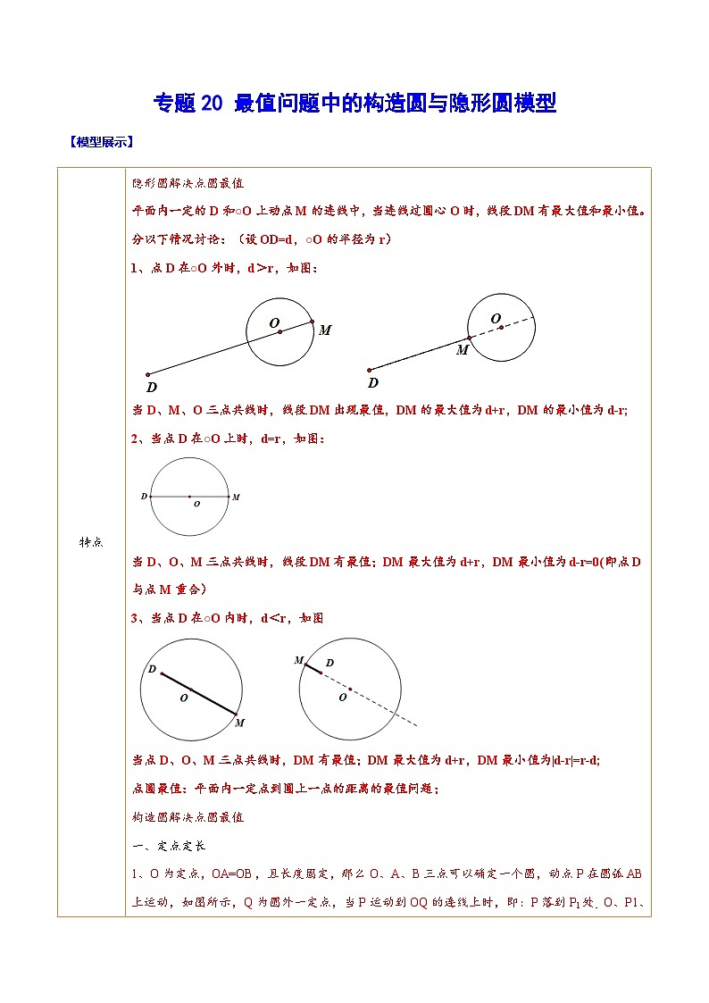 中考数学二轮复习难点突破训练专题20 最值问题中的构造圆与隐形圆模型(原卷版)第1页