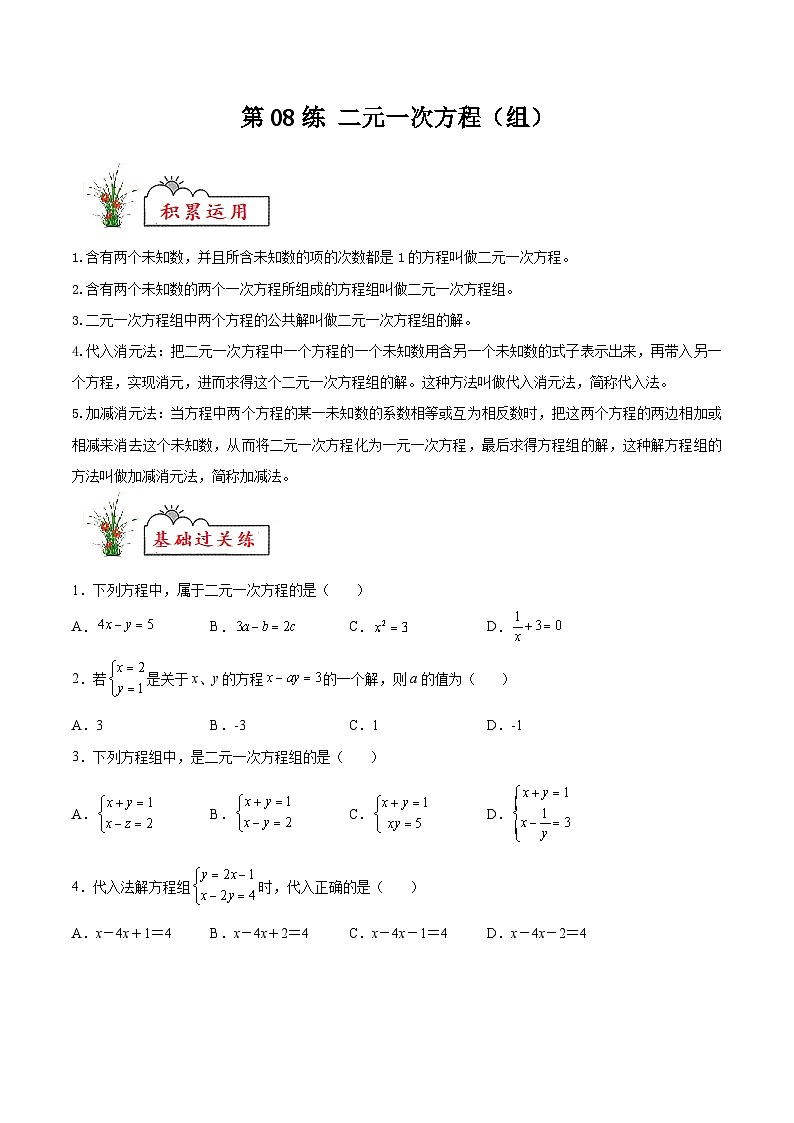 (暑假)苏教版数学七年级分层作业第08练 二元一次方程（组）（原卷版）第1页