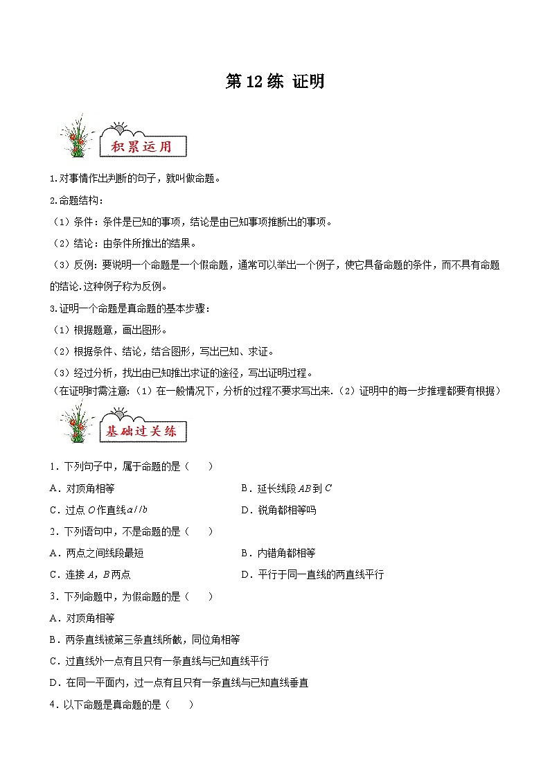 (暑假)苏教版数学七年级分层作业第12练 证明（原卷版）第1页