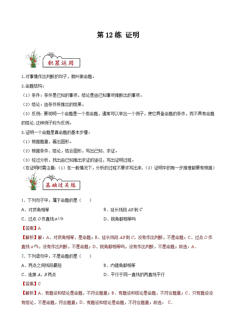 (暑假)苏教版数学七年级分层作业第12练 证明（解析版）第1页